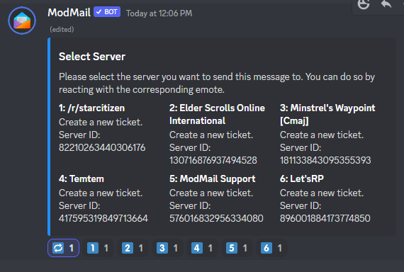 You can use the numbered buttons to pick the destination server, in this instance Let's RP is server 6, so click on #6 on the react buttons at the bottom.